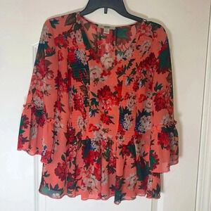 Vintage America Blues Orange Red Floral Pace Bell Sleeve Boho Blouse - Size M